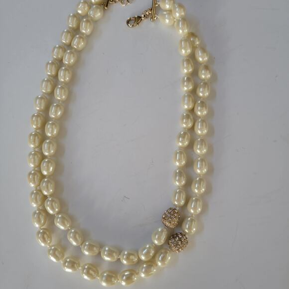 Vintage Pearl Necklace Double Strand with Rhinestone Clasp Cream White 16 Inch - Picture 2 of 10